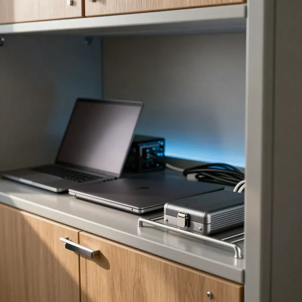 Closed laptops, backup drive and lockable dock inside a secure comms cabinet.