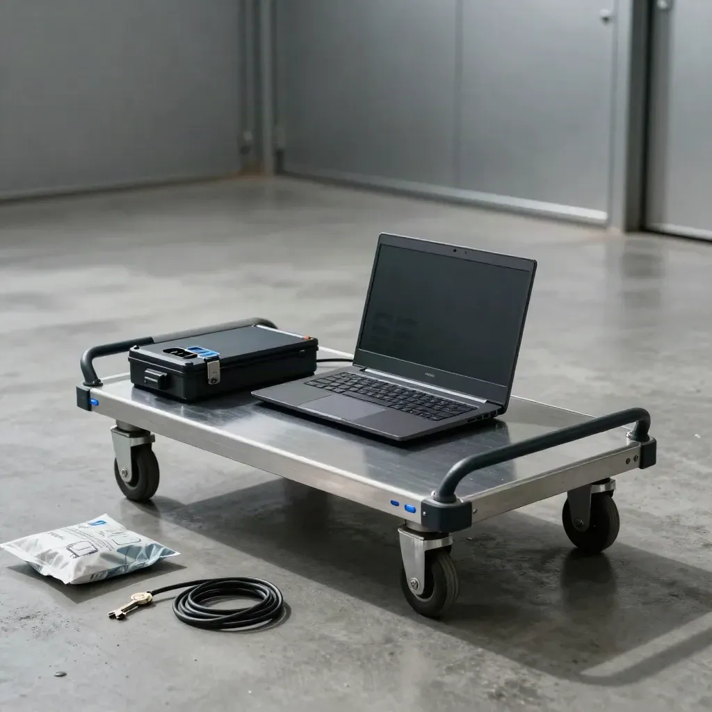 Quarantine trolley with a laptop, drive dock, and sealed evidence case in a dark comms room.