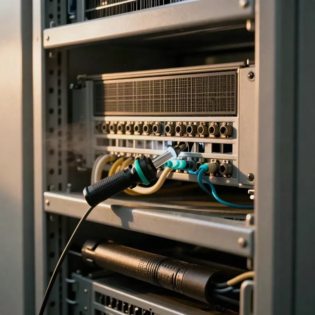 Open server cupboard with patch panel, cables, torch and probe in warm late-afternoon light.