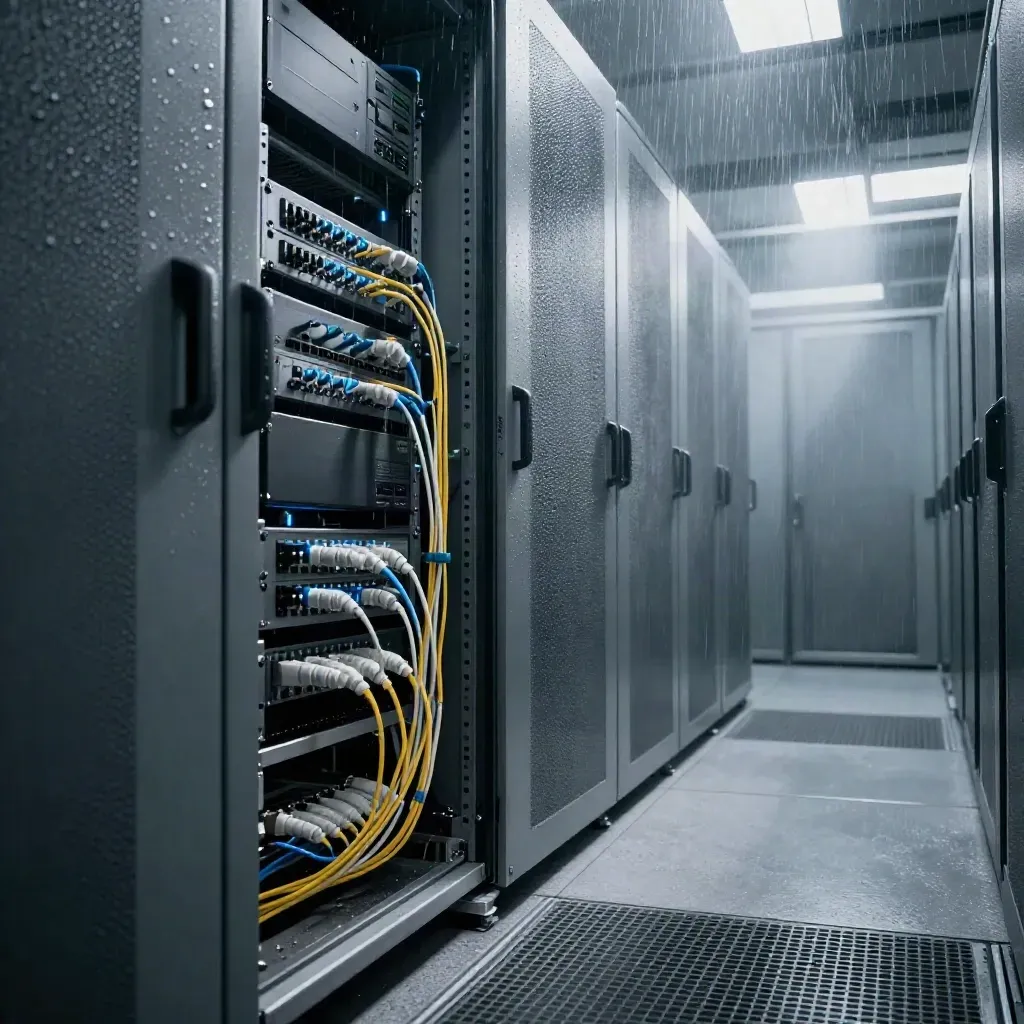 Wet UK server room with an open rack, firewall appliance and blue LEDs in moody haze.