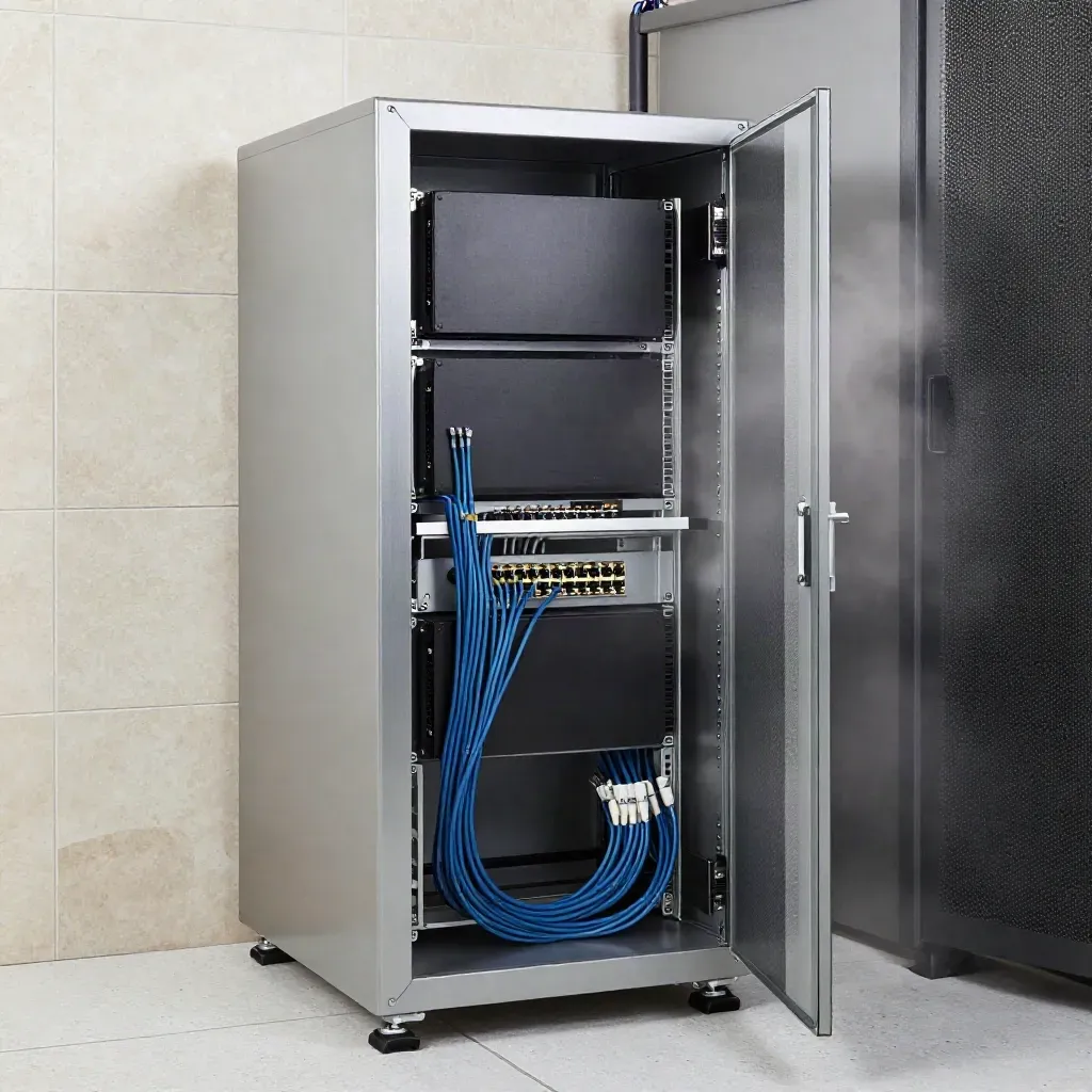 Edge firewall mounted in a server cabinet with tidy patch cords and a faint status glow.