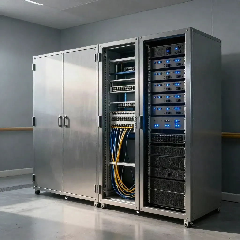 Locked backup cabinet, patch panel and server rack in a still comms room with blue LEDs.