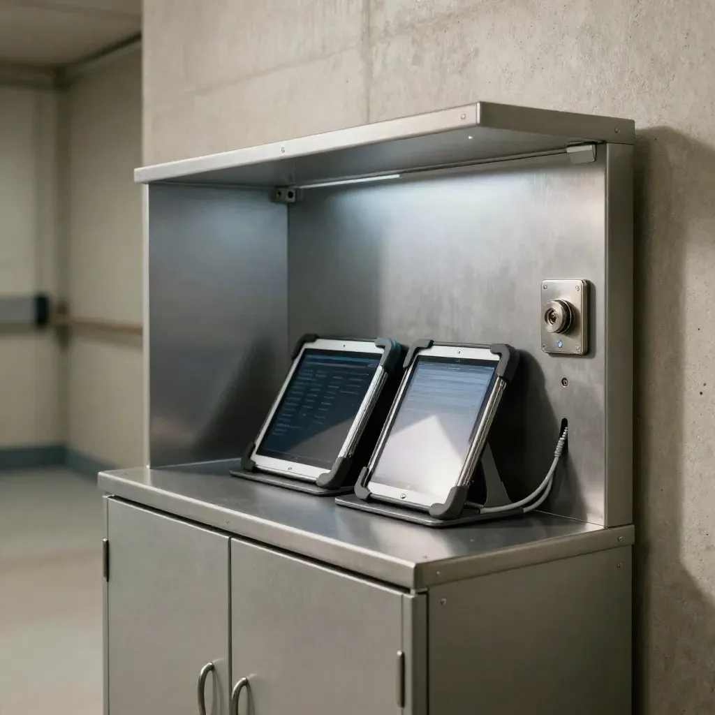 Locked clinic server nook with docked patched tablets and a cool blue status glow