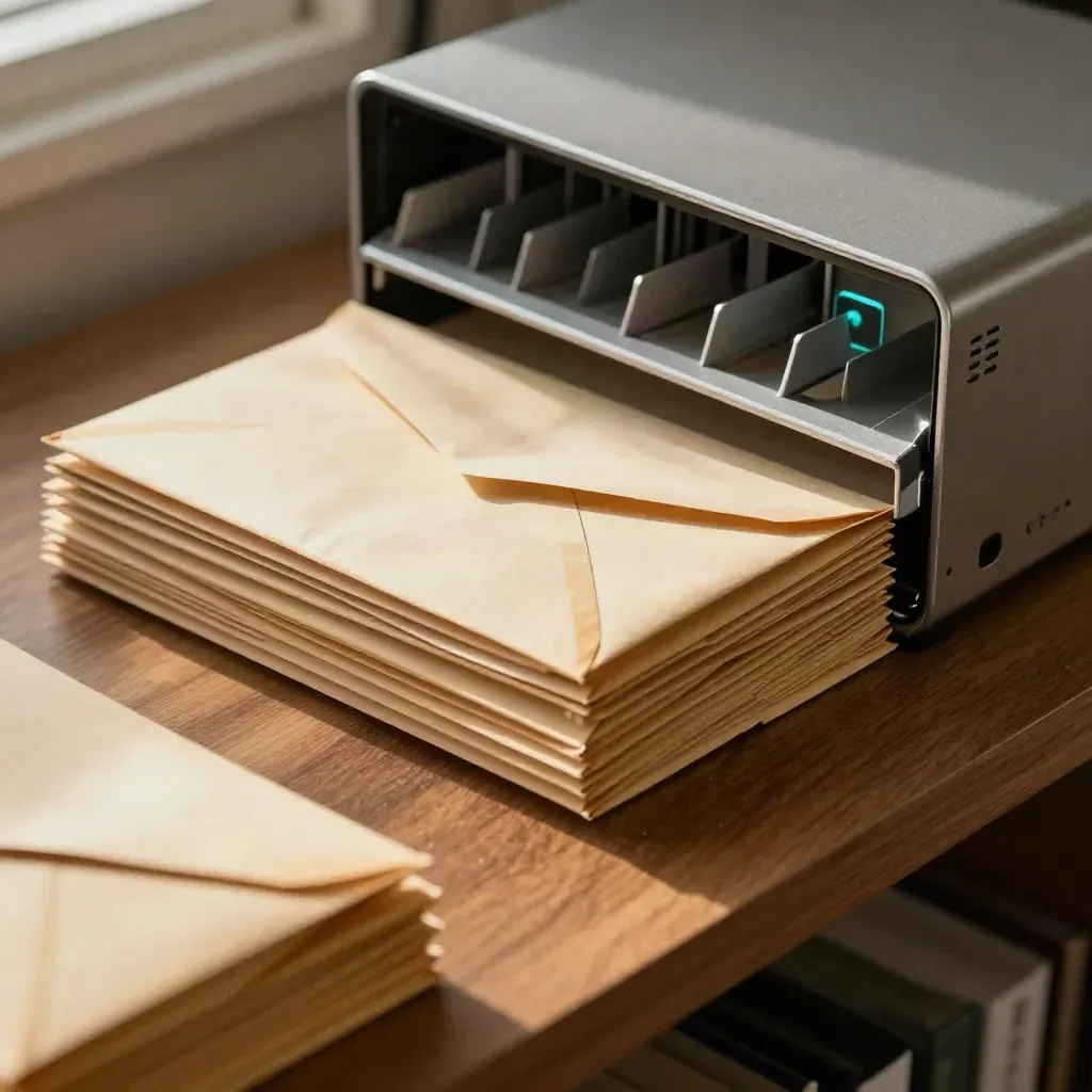 Macro of quarantined test envelopes beside a mail sorter tray and security gateway on walnut.