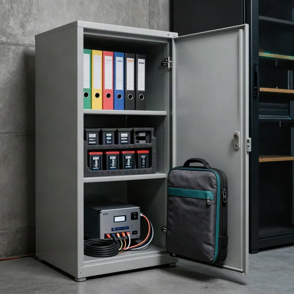 Open incident-response cabinet with binders, battery packs and a rugged laptop bag in a server room.