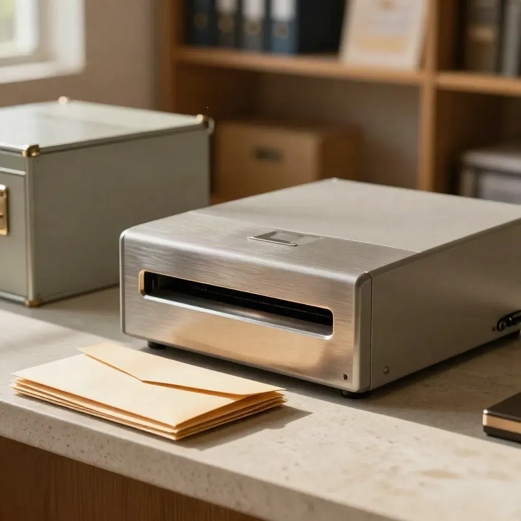 Secure mail scanner, face-down envelopes and locked archive box on a pale stone counter