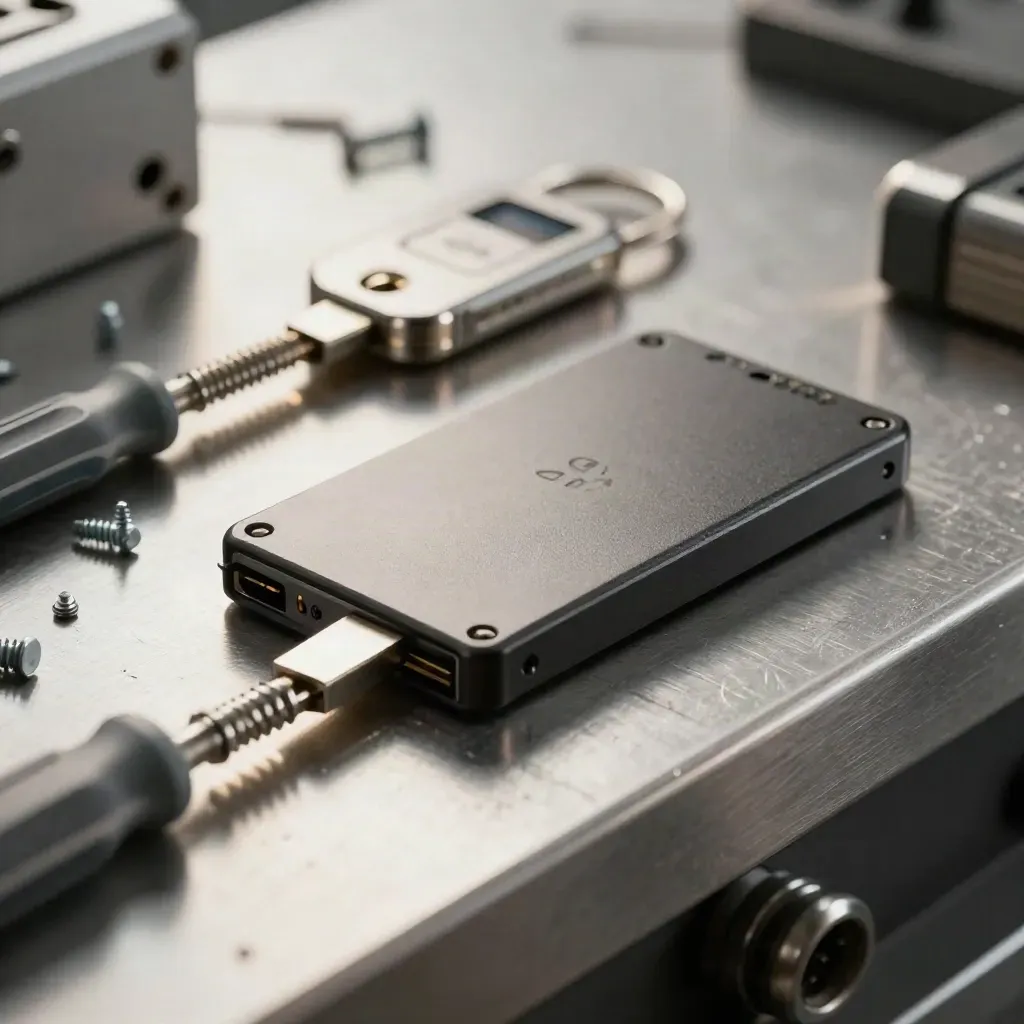 Encrypted SSD, hardware key and Torx drivers on a brushed steel bench.