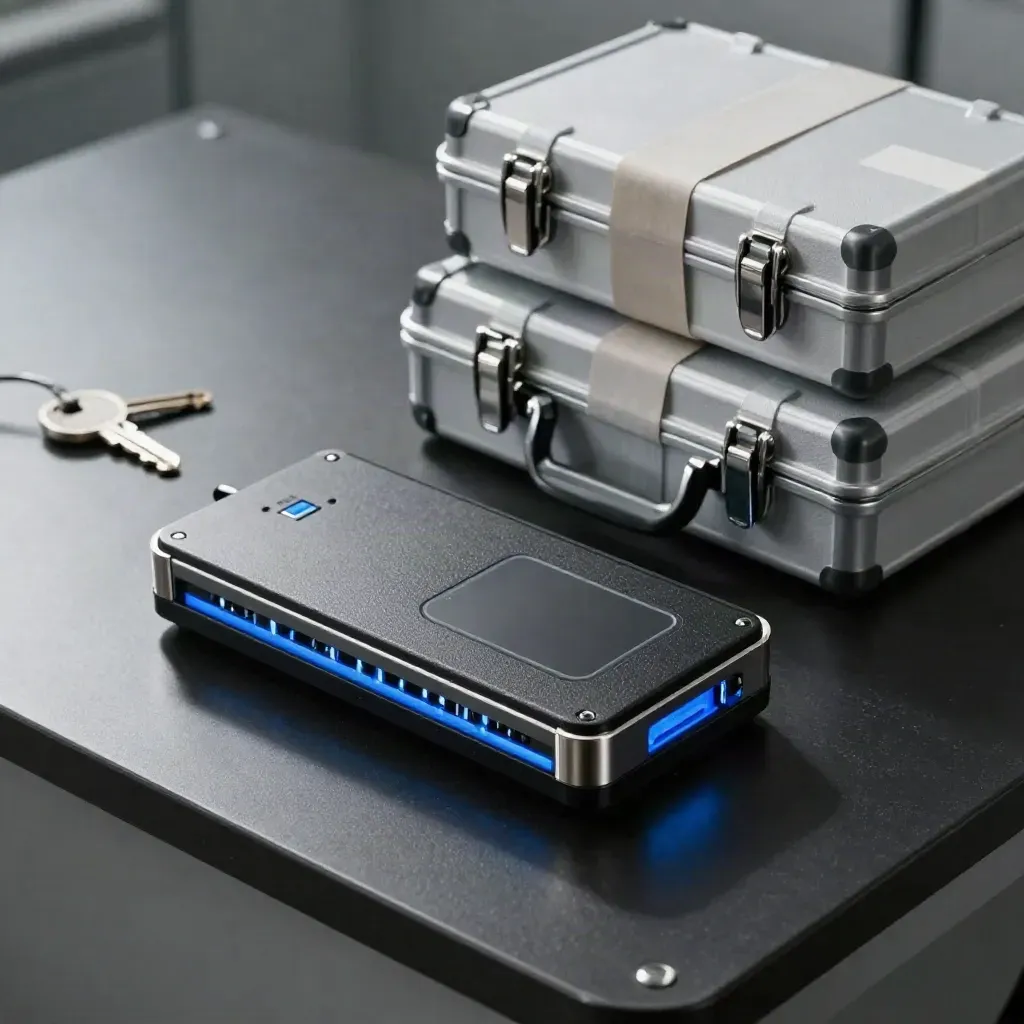Forensic write blocker, offline SSD dock, and sealed evidence cases on a dark worktop.