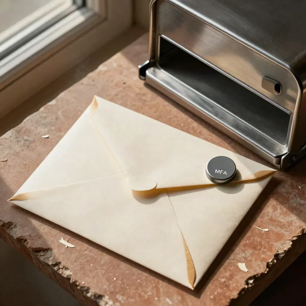 Phishing training envelopes, secure tray and MFA token on stone in soft daylight.