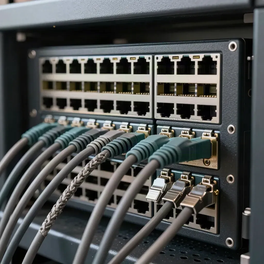 Macro of firewall ports, braided patch cords and cable clips in a server cabinet