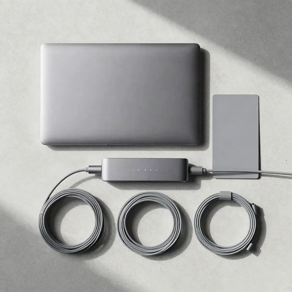 Overhead flatlay of a closed laptop, router and fibre loops on pale concrete.