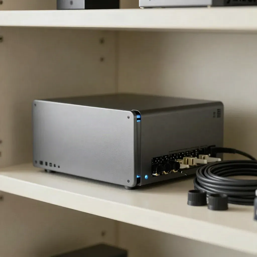 Firewall appliance with cable blanks and port caps on a pale utility shelf, electric blue status glow.