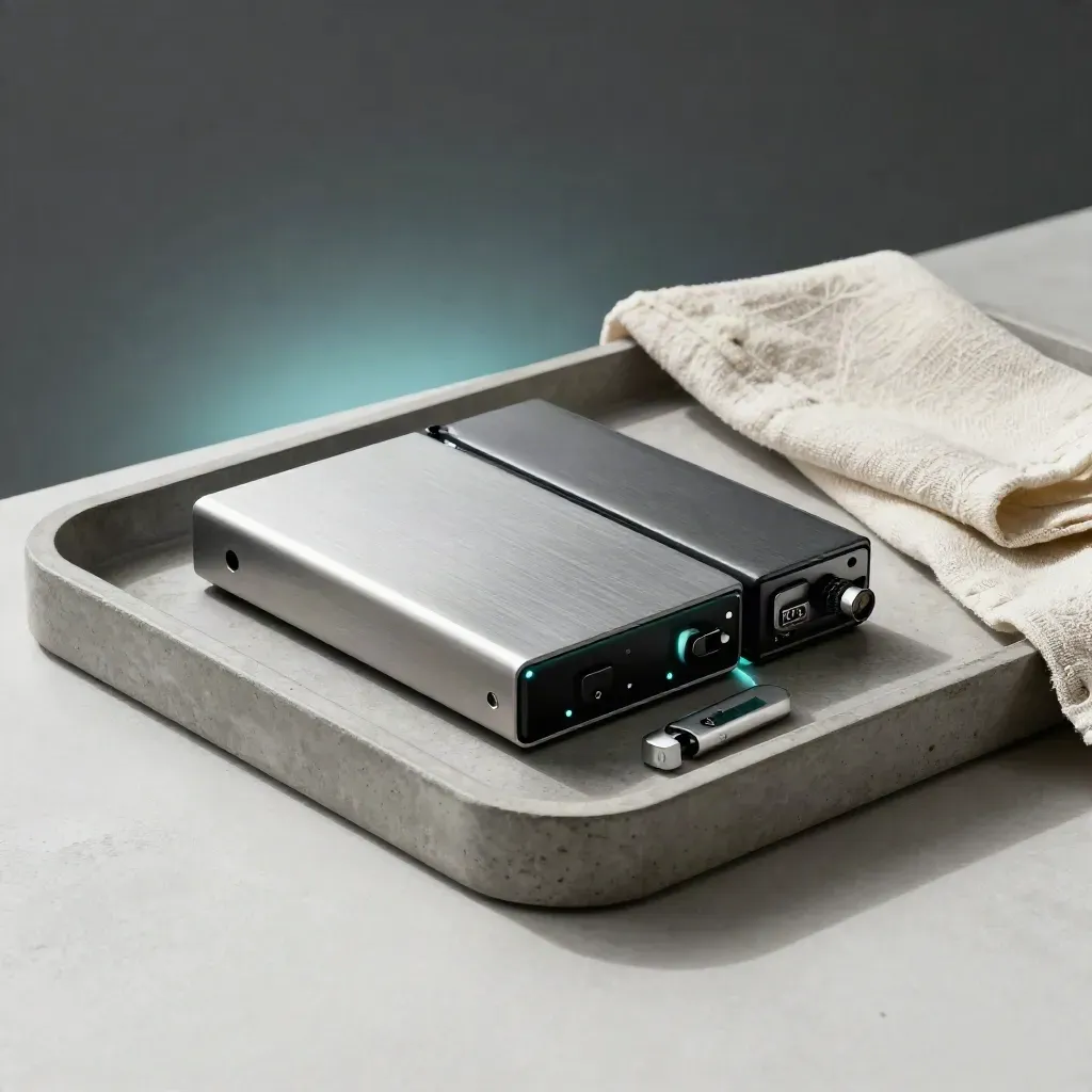 Concrete tray with lit backup drive dock, spare token, and linen cloth on a dark surface.