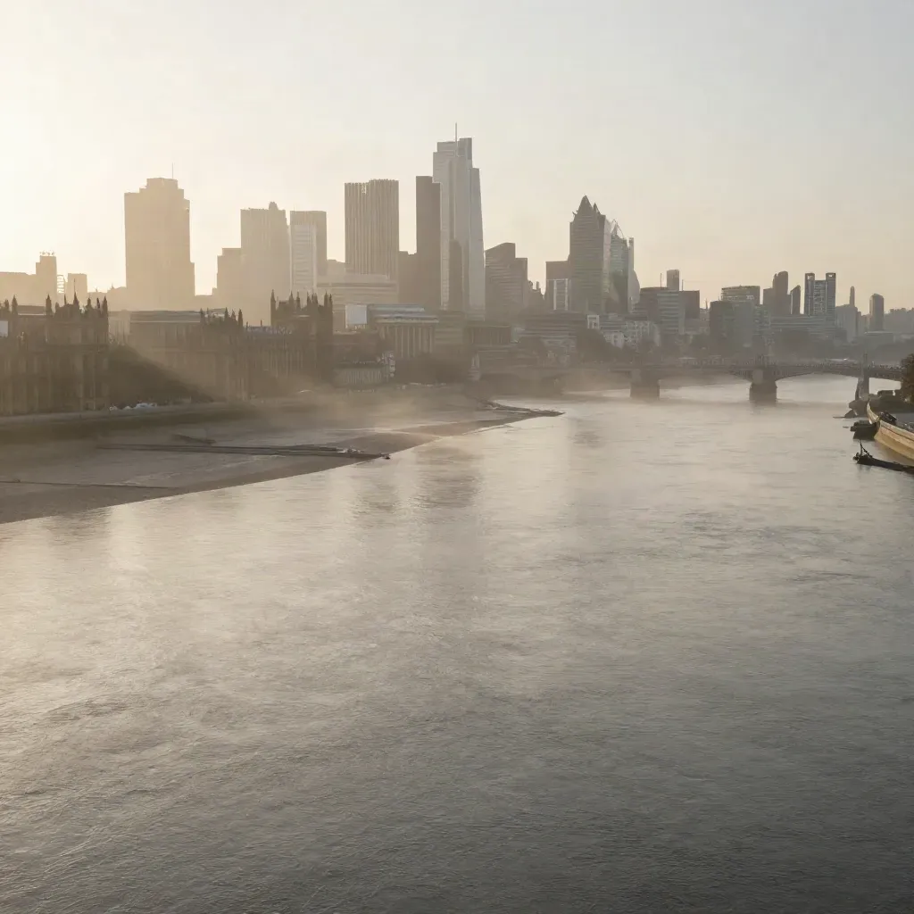 Thames skyline and bridge silhouettes in dawn haze above a calm misty river