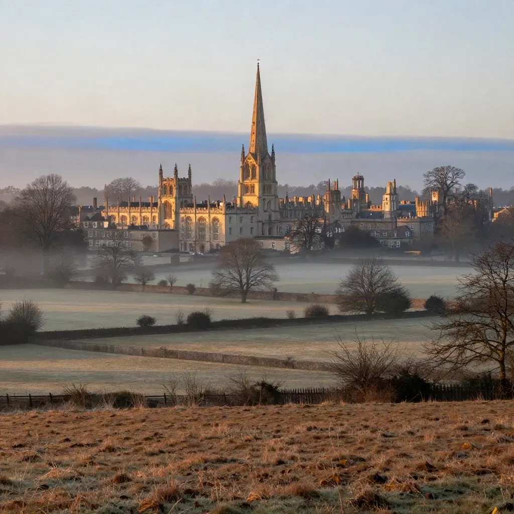 Oxford spires above misty South East England fields at sunrise