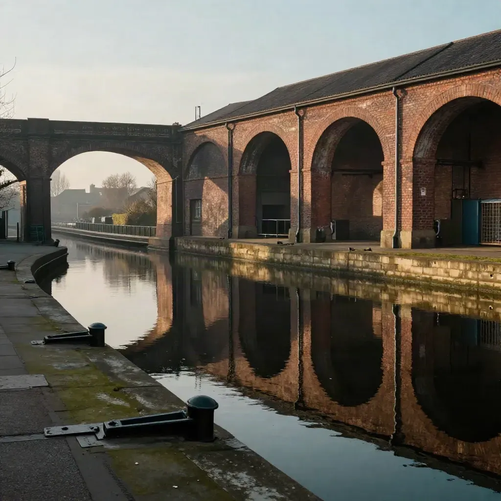 Birmingham canal basin at dusk with brick viaducts, still water, and soft haze