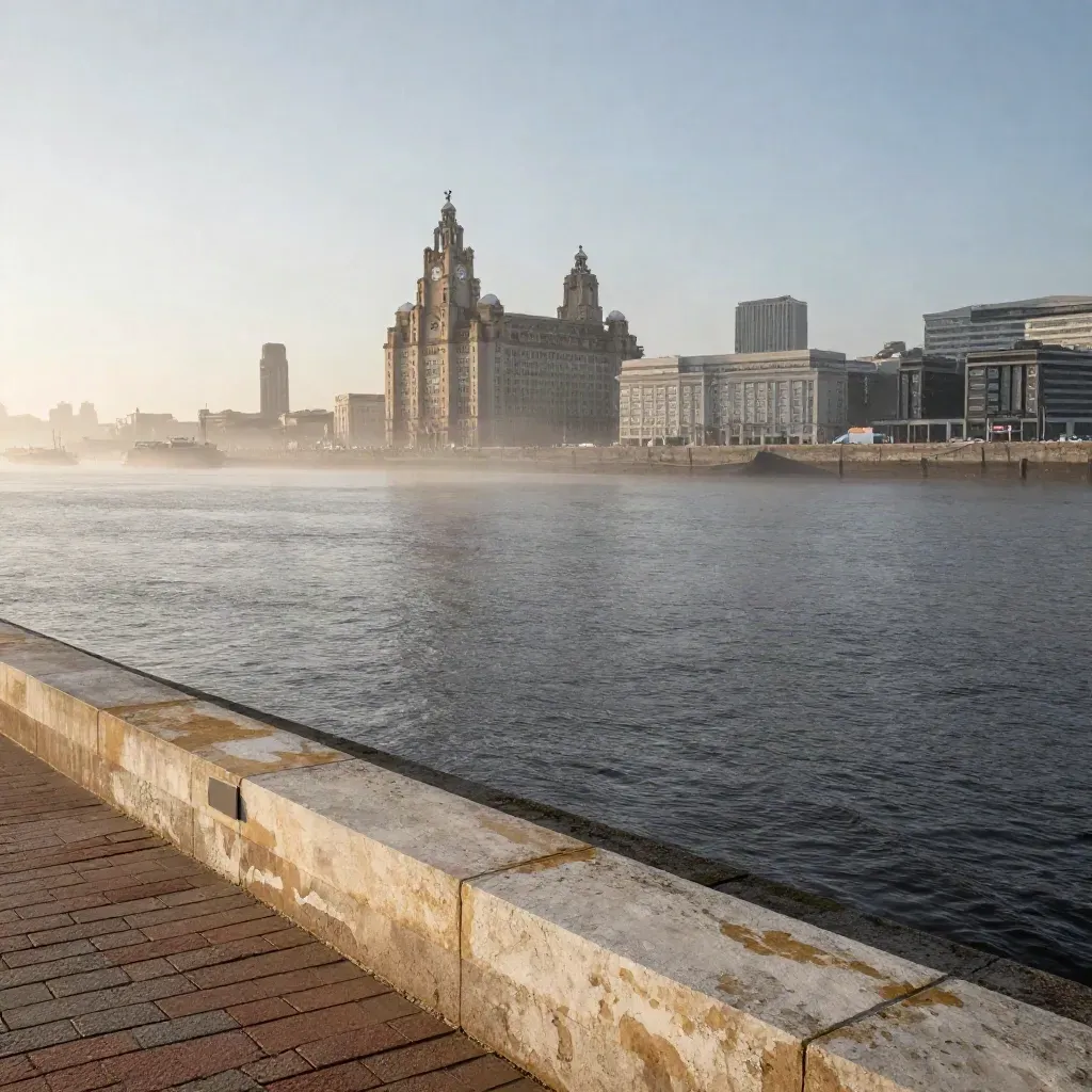 Liverpool waterfront haze with Liver Building silhouettes over calm Mersey water